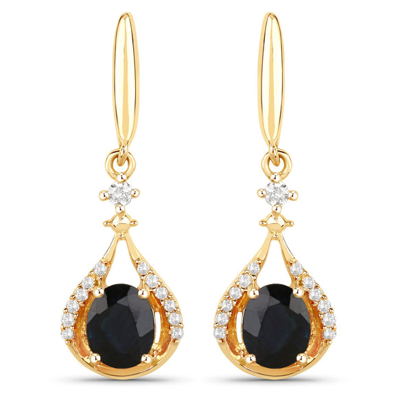 0.86 Carat Genuine Blue Sapphire and White Diamond 14K Yellow Gold Earrings