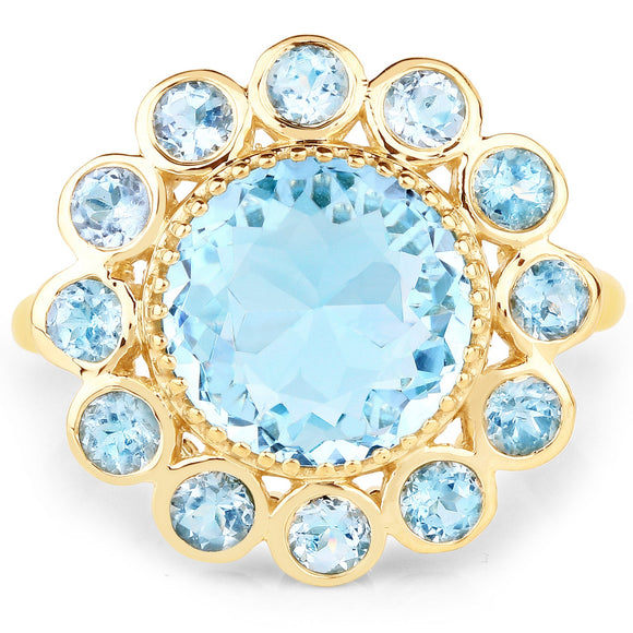 14K Yellow Gold Plated 6.59 Carat Genuine Blue Topaz .925 Sterling Silver Ring