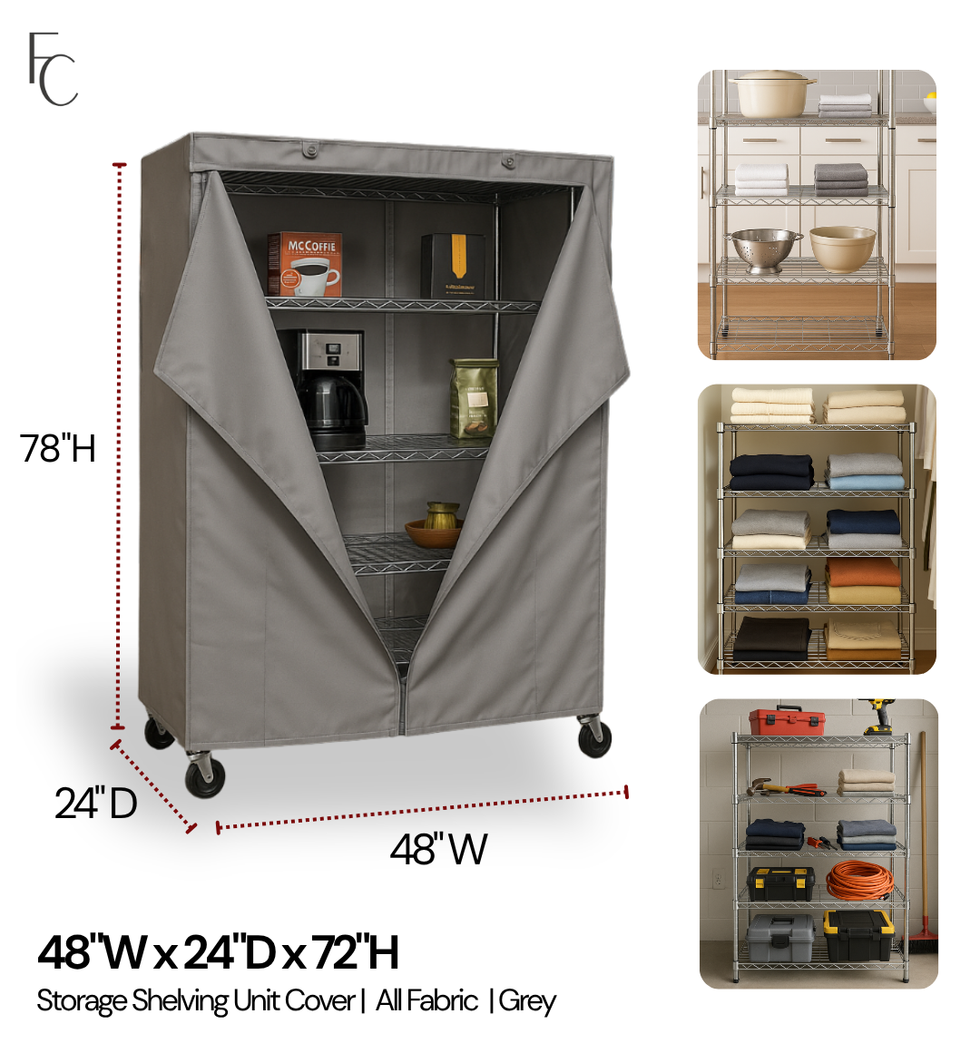 Storage Shelving Unit Cover, fits racks 48"W x 24"D x 72"H in Grey - 0