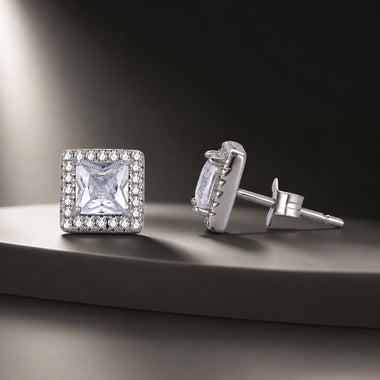 925 Sterling Silver Earrings with Pavé Setting CZ and Platinum Plating. - 0