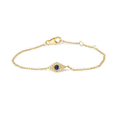 10K Yellow Gold Blue Sapphire and Diamond Accent Evil Eye Station Link Bracelet  (H-I Color, I1-I2 Clarity) - Size 7"