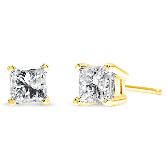 AGS Certified 14k Yellow Gold 1/4 Cttw 4-Prong Set Princess-Cut Solitaire Diamond Push Back Stud Earrings (H-I Color, SI1-SI2 Clarity)