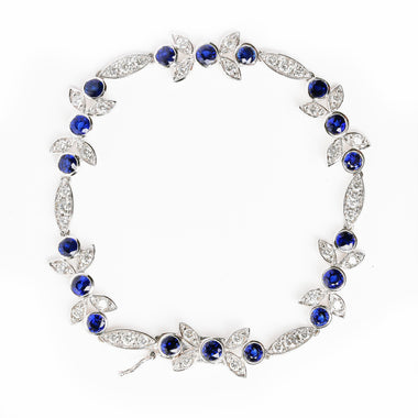 18K White Gold 1 3/4 Cttw Diamond and 3x3mm Round Blue Sapphire Gemstone Floral Link Bracelet (G-H Color, SI1-SI2 Clarity) - Size 7" - 0