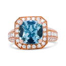 18K Rose Gold 10x10mm Cushion Shaped Aquamarine and 1 1/8 Cttw Round Diamond Halo Ring (F-G Color, VS1-VS2 Clarity) - Ring Size 6.5-1