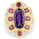 14K Yellow Gold Plated 6.80 Carat Genuine Amethyst, Rhodolite & Blue Topaz .925 Sterling Silver Ring-3