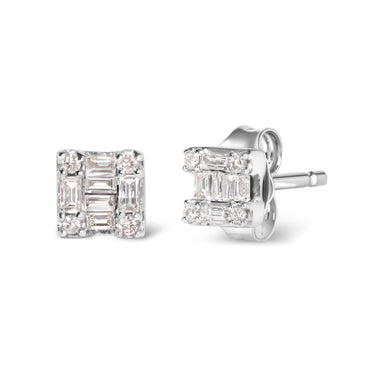 10K White Gold 1/7 Cttw Round and Baguette Diamond Mosaic Square Stud Earrings (H-I Color, I1-I2 Clarity) - 0