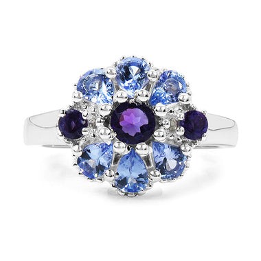 1.25 Carat Genuine Tanzanite, Amethyst & White Topaz .925 Sterling Silver Ring - 0