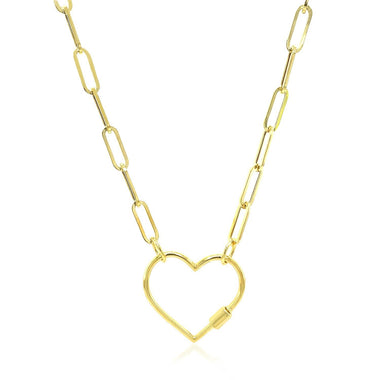 14k Yellow Gold Paperclip Chain Necklace with Heart Carabiner Clasp - 0