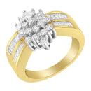 10K Yellow Gold 1.0 Cttw Round & Baguette Cut Diamond Floral Cluster Double-Channel Flared Band Statement Ring (H-I Color, SI2-I1 Clarity) - Size 6-1/2-3