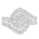 14K White Gold 1 Cttw Baguette and Round Diamond Floral Swirl Cluster Cocktail Ring-1