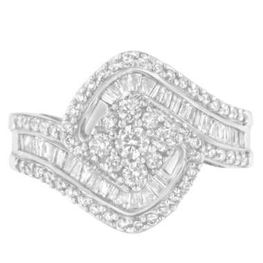 14K White Gold 1 Cttw Baguette and Round Diamond Floral Swirl Cluster Cocktail Ring