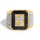 Men's 10K Yellow Gold 1 1/2 Cttw White and Black Diamond Cross Signet Ring-1
