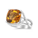 14K White Gold 12mm Cushion Cut Yellow Citrine Gemstone and 1/3 Cttw Round Pave-Set Diamond Ring - (H-I Color, VS1-VS2 Clarity)- Size 6.5-9