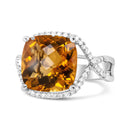 14K White Gold 12mm Cushion Cut Yellow Citrine Gemstone and 1/3 Cttw Round Pave-Set Diamond Ring - (H-I Color, VS1-VS2 Clarity)- Size 6.5-12