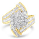 10K Yellow Gold Round and Baguette Diamond Crossover Cluster Ring (3 Cttw, I-J Color, I1-I2 Clarity) - Size 7-1/2-1