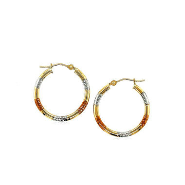 10k Tri-Color Gold Classic Hoop Earrings with Diamond Cut Details - 0