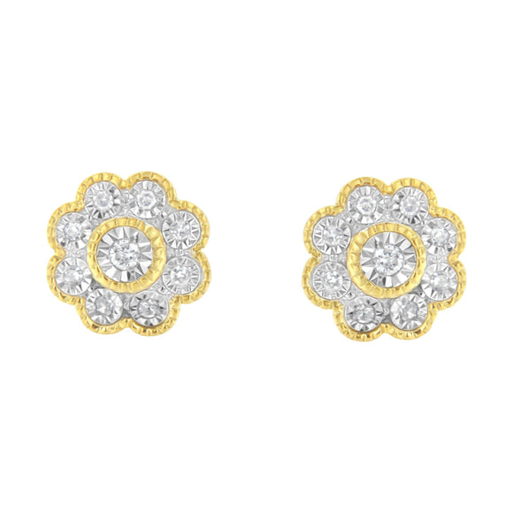 14K Yellow Gold Plated .925 Sterling Silver 1/6 Cttw Miracle-Plate Set Diamond Floral Stud Earrings (I-J Color, I2-I3 Clarity)