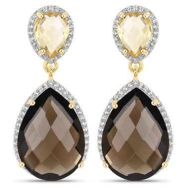 21.12 Carat Genuine Smoky Quartz, Citrine and White Topaz .925 Sterling Silver Earrings - 0