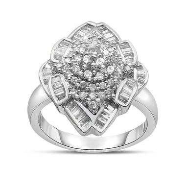 14K White Gold 7/8 Cttw Round and Baguette-Cut Diamond Cluster Ring (H-I Color, SI2-I1 Clarity) - Size 7 - 0