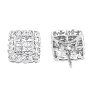 14K White Gold 1.0 Cttw Round Brilliant & Princess Cut Diamond Scallop-Edge Framed Square Halo Stud Earrings (G-H Color, SI1-SI2 Clarity) - 0