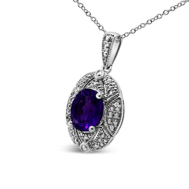 .925 Sterling Silver Diamond Accent and 9x7mm Purple Oval Amethyst Gemstone Pendant 18" Necklace (I-J Color, I1-I2 Clarity) - 0