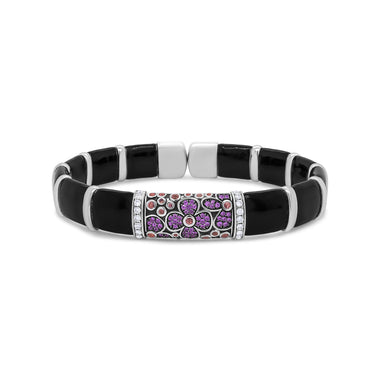 .925 Sterling Silver Black and Brown Enamel 1/3 Cttw Round Diamonds and Pink and Orange Sapphire Gemstones Floral Statement Bangle Bracelet (F-G Color, VS1-VS2 Clarity) - Size 7.75" - 0