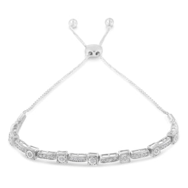 .925 Sterling Silver 1/4 Cttw Diamond 4â€-10â€ Adjustable Bolo Alternating Square and Rectangle Bolo Bracelet (I-J Color, I3 Clarity) - 0