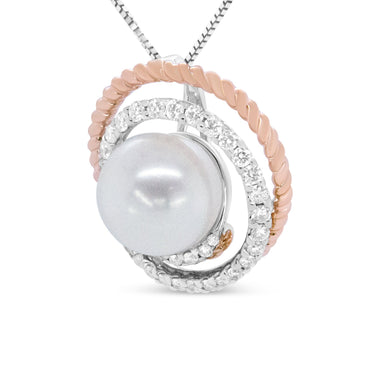 14K Rose and White Gold 3/8 Cttw Pave Diamond and 9mm Round Pearl Spiral Openwork 18" Pendant Necklace- (H-I Color, VS1-VS2 Clarity) - 0