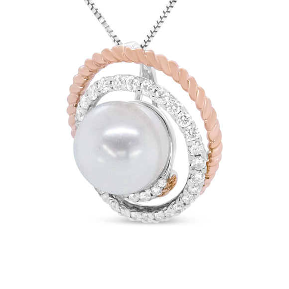 14K Rose and White Gold 3/8 Cttw Pave Diamond and 9mm Round Pearl Spiral Openwork 18" Pendant Necklace- (H-I Color, VS1-VS2 Clarity)