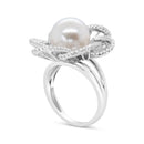 14K White Gold 11mm Round Pearl and 1/3 Cttw Round Diamond Openwork Flower Blossom Ring (H-I Color, VS1-VS2 Clarity) - Size 6.50-4