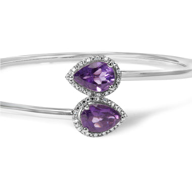 .925 Sterling Silver 8 x 5.5mm Pear Shape Amethyst  and Diamond Accent Halo Bypass Bangle Bracelet (H-I Color, SI1-SI2 Clarity)  - Fits up to 7" Inches - 0