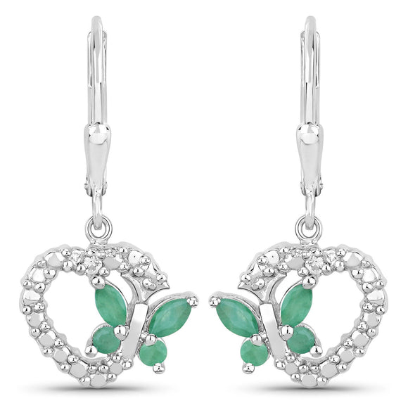 0.44 Carat Genuine Emerald and Created White Sapphire .925 Sterling Silver Earrings
