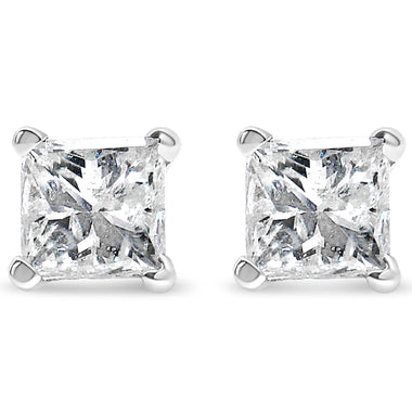 AGS Certified 14k White Gold 1.0 Cttw 4-Prong Set Princess-Cut Solitaire Diamond Push Back Stud Earrings for Women (E-F Color, I1-I2 Clarity) - 0