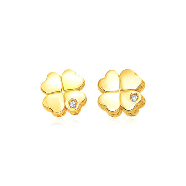 14k Yellow Gold Polished Four Leaf Clover Earrings with Diamonds - 0