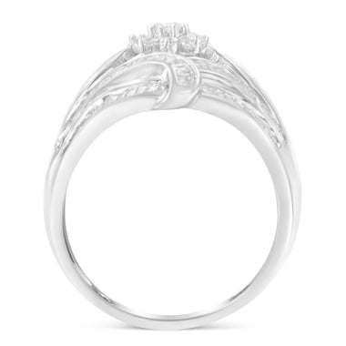 .925 Sterling Silver 1-1/8 Cttw Round & Baguette Diamond 'Flower & Fern' Cluster Cocktail Fashion Ring (I-J Color, I2-I3 Clarity) - Size 6 - 0