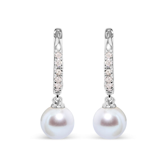 10K White Gold 6x6 MM Cultured Freshwater Pearl and Diamond Accent Drop Huggy Earring (H-I Color, I1-I2 Clarity)