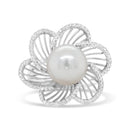 14K White Gold 11mm Round Pearl and 1/3 Cttw Round Diamond Openwork Flower Blossom Ring (H-I Color, VS1-VS2 Clarity) - Size 6.50-6