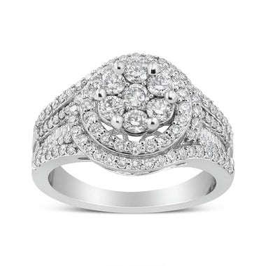 14K White Gold 1 1/2 Cttw Diamond Floral Cluster and Studded Shank Halo Ring (H-I Color, SI2-I1 Clarity) - Ring Size 7 - 0