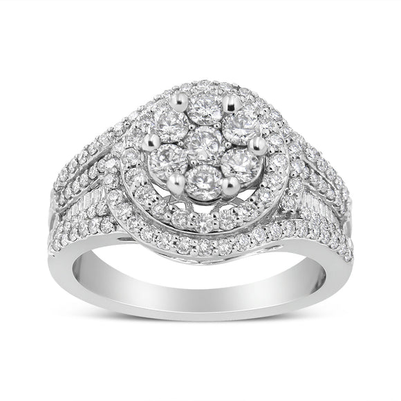 14K White Gold 1 1/2 Cttw Diamond Floral Cluster and Studded Shank Halo Ring (H-I Color, SI2-I1 Clarity) - Ring Size 7