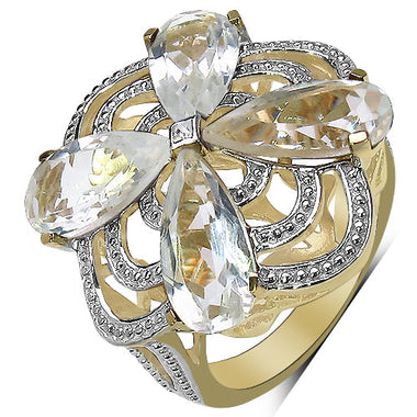 14K Yellow Gold Plated 6.69 Carat Genuine Crystal Quartz & White Diamond .925 Sterling Silver Ring - 0