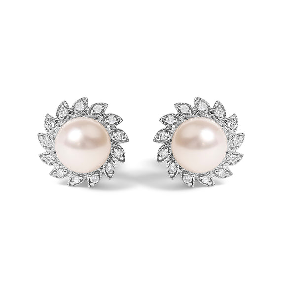 10K White Gold Heirloom-Style Pearl and Diamond Accent Halo Stud Earrings (I-J color, I1-I2 Clarity)