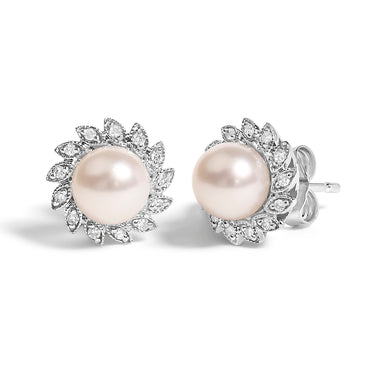 10K White Gold Heirloom-Style Pearl and Diamond Accent Halo Stud Earrings (I-J color, I1-I2 Clarity) - 0