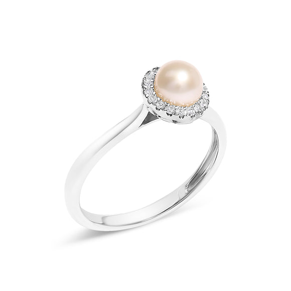10K White Gold 5MM Cultured Freshwater Pearl  and Diamond Halo Ring (I-J Color, I1-I2 Clarity) - Ring Size 6.5