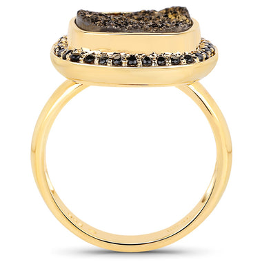 14K Yellow Gold Plated 6.19 Carat Genuine Drusy Quartz and Black Spinel .925 Sterling Silver Ring - 0