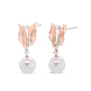 14K Rose Gold 1/6 Cttw Round Diamond and 8mm Round Pearl Floral Drop Stud Earrings (H-I Color, I1-I2 Clarity)-5