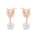 14K Rose Gold 1/6 Cttw Round Diamond and 8mm Round Pearl Floral Drop Stud Earrings (H-I Color, I1-I2 Clarity)-6