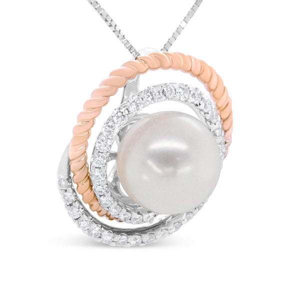 14K Rose and White Gold 3/8 Cttw Pave Diamond and 9mm Round Pearl Spiral Openwork 18" Pendant Necklace- (H-I Color, VS1-VS2 Clarity)