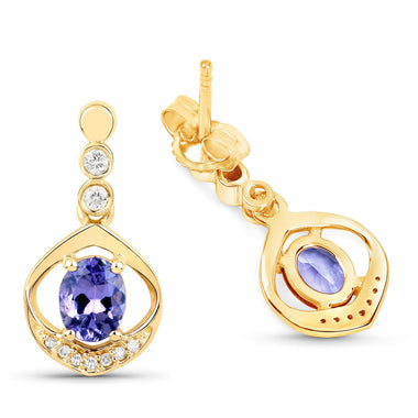 0.76 Carat Genuine Tanzanite and White Diamond 14K Yellow Gold Earrings - 0