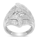 .925 Sterling Silver 1-1/8 Cttw Round & Baguette Diamond 'Flower & Fern' Cluster Cocktail Fashion Ring (I-J Color, I2-I3 Clarity) - Size 6-4