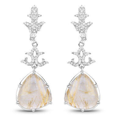 15.97 Carat Genuine Golden Rutile And White Topaz .925 Sterling Silver Earrings